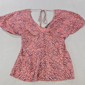 Elizabeth and James Blouse Women XS Coral Pink 100% Silk Abstract Animal Print